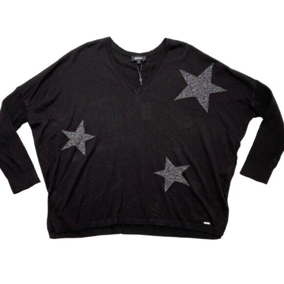 DKNY Lightweight Sweater Top Women's SMALL Black Silver Stars V-Neck Relaxed NEW - Picture 4 of 13